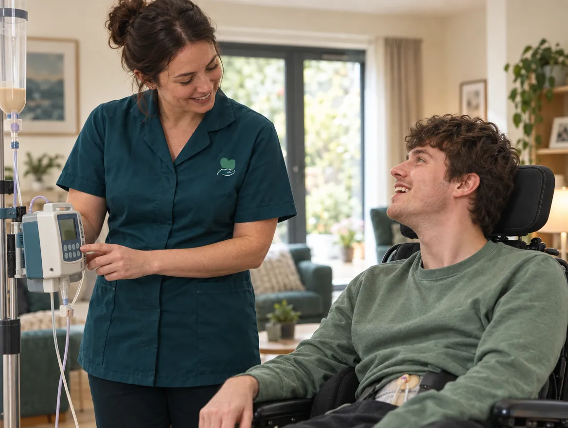 A Kainos Care nurse checking a feeding pump beside a young man in a wheelchair at home