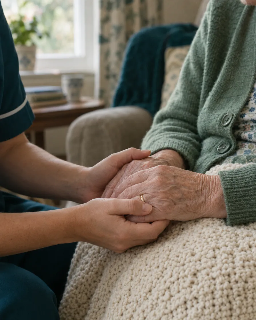 A carer gently holding an older person's hands