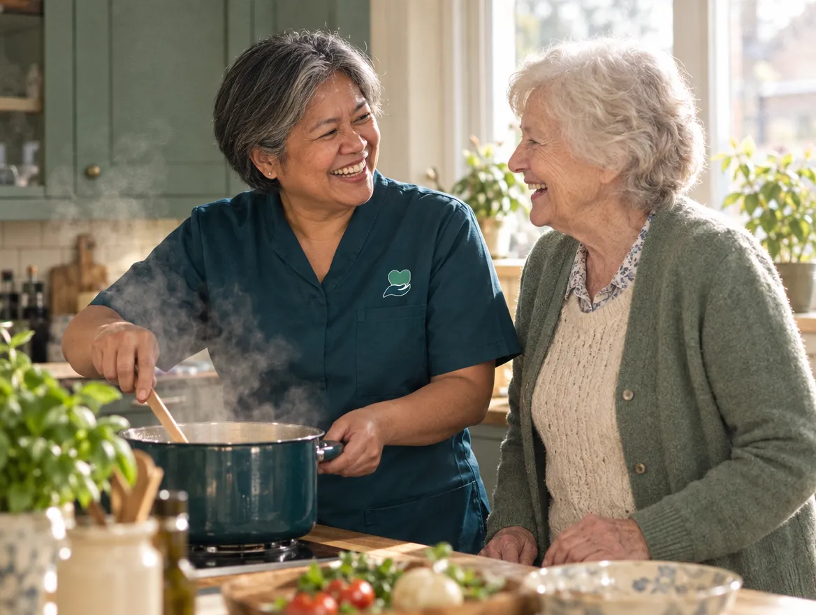 A live-in carer and an older woman cooking together in her kitchen