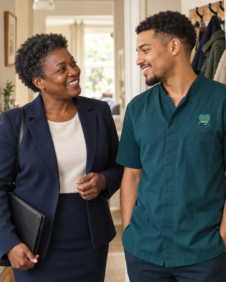A Kainos Care nurse manager chatting with a carer in a client's hallway