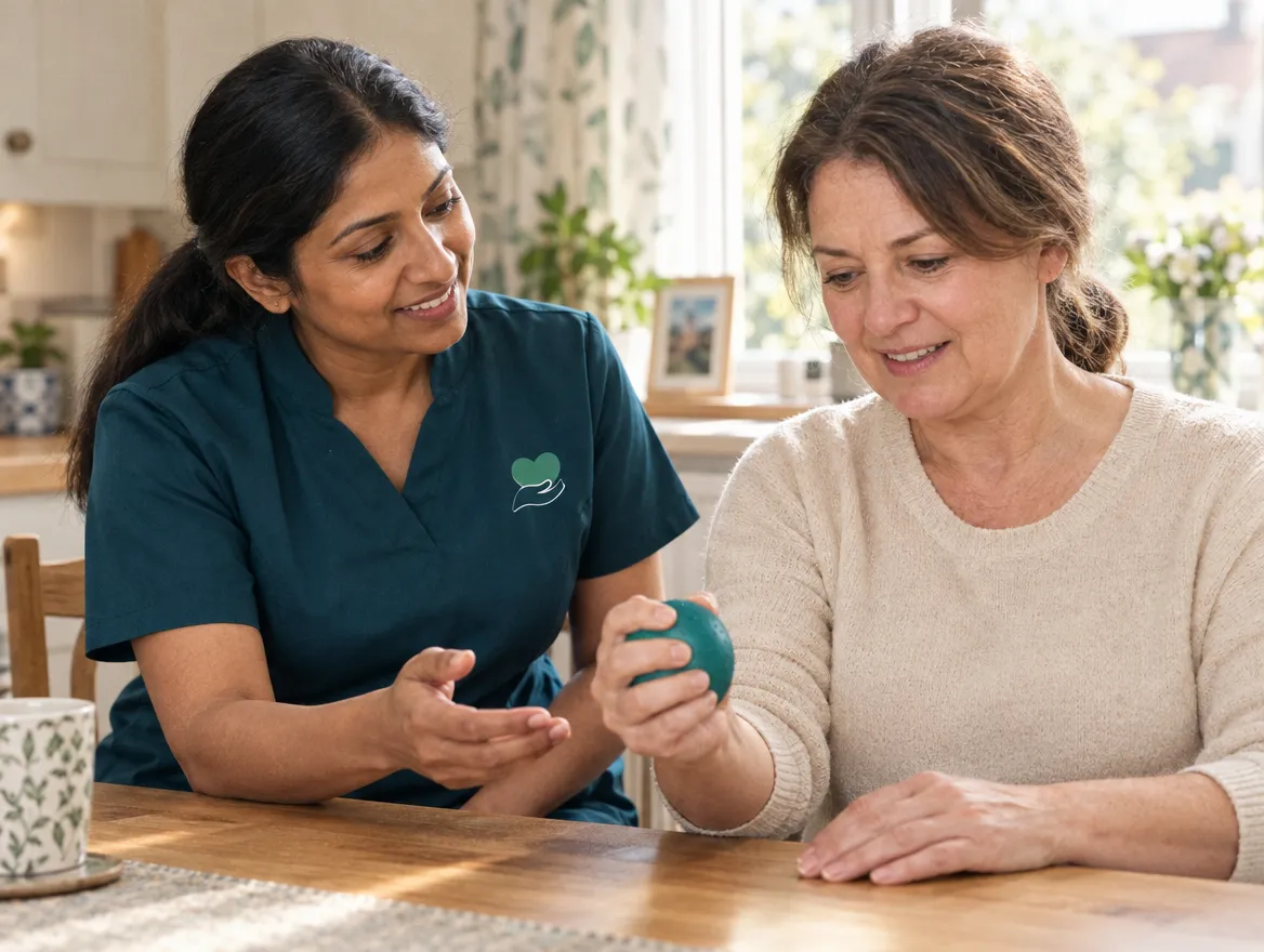 A carer supporting a woman with hand exercises at her kitchen table